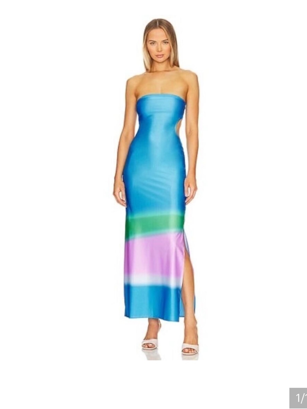 Baobab Collection Strapless Maxi Dress in Blue with Green and Pink Bands